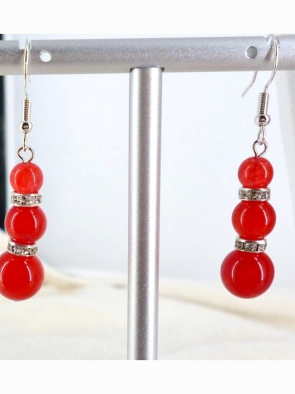 Bright Red Earring Dangle Drop Sterling Hooks Glass Beads & Crystals 2" NWOT